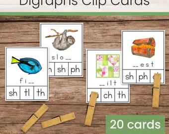 Digraphs CH, Qu, SH, TH Clip Cards (Montessori Green Series Language Printable)