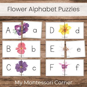 Tarjetas de rompecabezas a juego con letras mayúsculas y minúsculas del alfabeto de flores, trabajo de letras imprimibles para preescolar de primavera