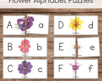 Flowers Alphabet Uppercase Lowercase Matching Puzzle Cards, Spring Preschool Printable Letter Work