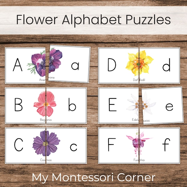 Flowers Alphabet Uppercase Lowercase Matching Puzzle Cards, Spring Preschool Printable Letter Work