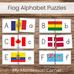 Alfabeto delle bandiere del mondo, maiuscolo, minuscolo, carte puzzle corrispondenti, attività stampabile di geografia prescolare
