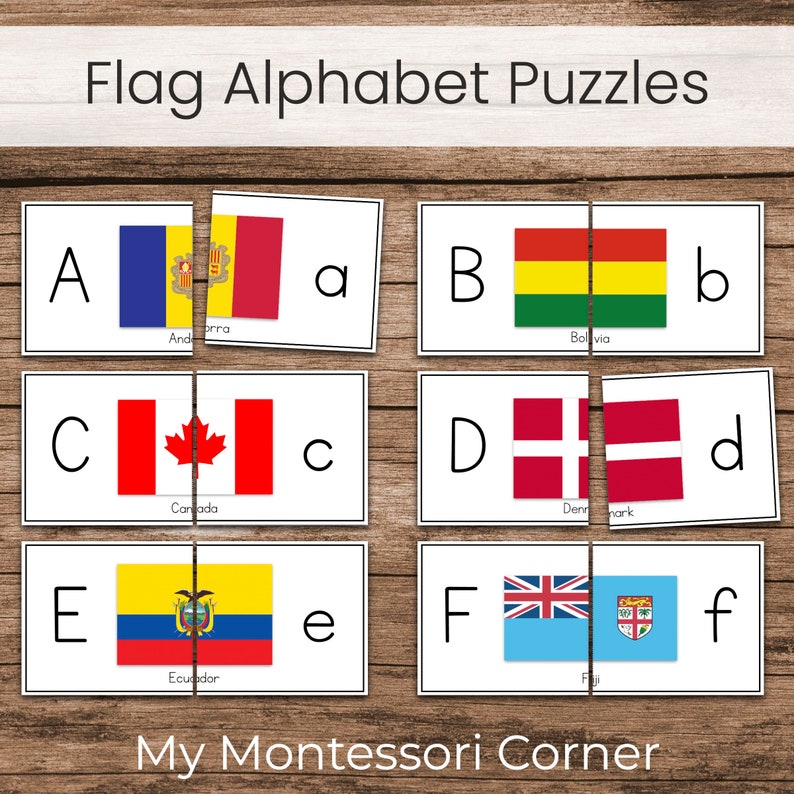 May include: A set of six alphabet puzzle cards featuring flags from different countries. Each card is divided into two sections, one with a letter and the other with a flag. The flags are Andorra, Bolivia, Canada, Denmark, Ecuador, and Fiji.