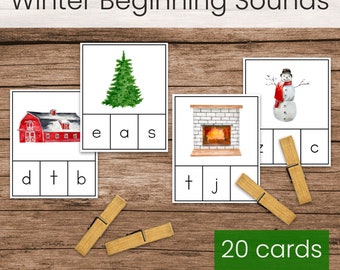 Winter Beginning Sounds Clip Cards (Montessori Preschool Phonics Printable)