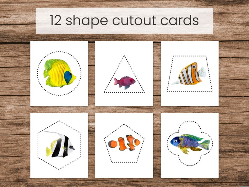 May include: Twelve printable cards featuring different shapes with a colorful fish inside each shape. The shapes include a circle, triangle, trapezoid, hexagon, pentagon, and a freeform shape.