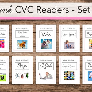 May include: A set of ten pink-themed CVC readers. Each reader features a title and an image. Titles include "Lots of Lids," "Dog Has Fun," "Wet," "Can You?," "By the...", "Fox and Hen," "Bugs," "A Job," "Pots Have...", and "Buzz."