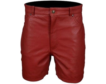 Men's Premium Genuine Leather Short Red Zipper Casual 4 Pockets Shorts