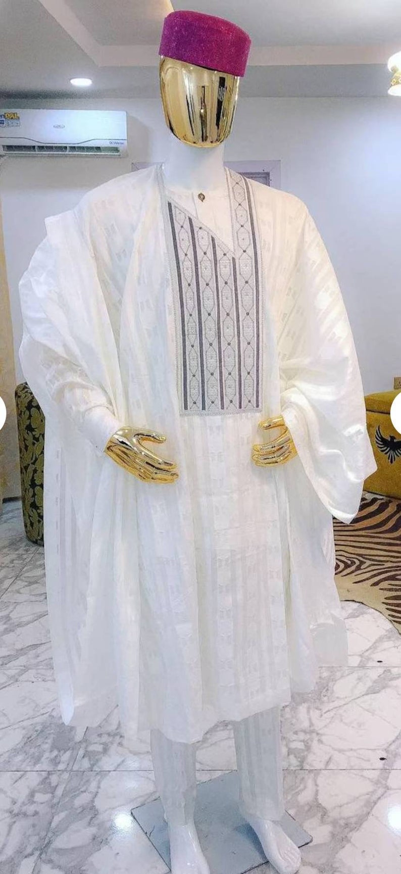 Jide White Voil Dress African Men's Agbada 3 Piece Set Etsy