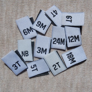 Woven Damask Infant + Toddler Clothing Size Tab Labels - White w/black text (NB, 3M, 6M, 9M, 12M, 24M, 2T, 3T, 4T, 5T, 6T)