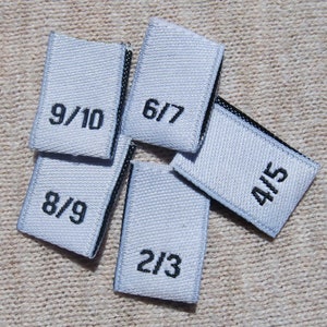 Woven Damask Junior + Misses Clothing Size Tab Labels - White w/black text (2/3, 4/5, 6/7, 8/9, 9/10)
