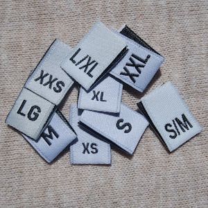 Woven Damask Clothing Size Tab Labels - White w/black text (xxs, xs, s, m, lg, xl, xxl, S/M, LG/XL)