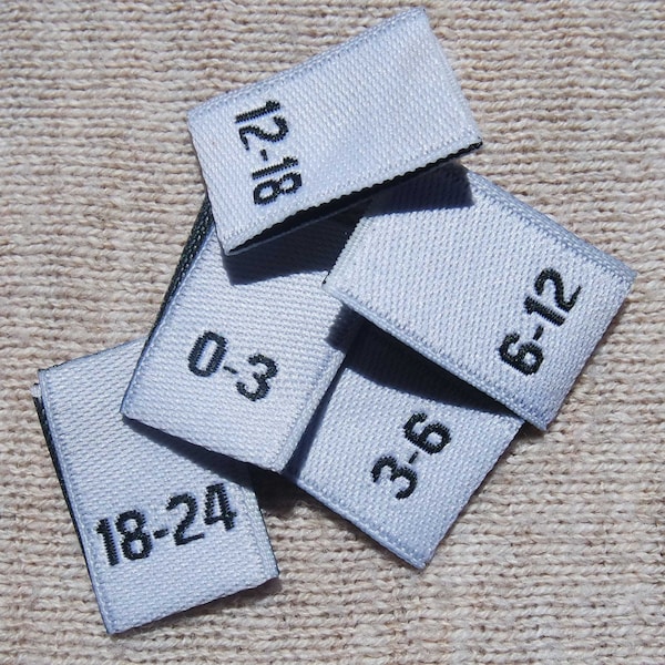 Woven Damask Infant Clothing Size Tab Labels - White w/black text (0-3, 3-6, 6-12, 12-18, 18-24)