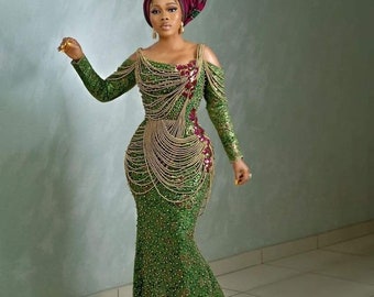 African beaded Lace Dress, African Style Dress, Traditional gown ,African wedding Guest Dress, Birthday dress, Owanbe dress 2024