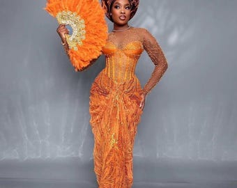 African Detailed beaded corset Dress, African Style Dress, Traditional gown ,African wedding Guest Dress, Birthday dress, Owanbe dress 2024
