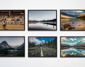 May include: A collage of six framed photographs featuring scenic views of mountains, lakes, and forests. The top left photo shows a rodeo scene with a cowboy riding a horse in front of a crowd. The top middle photo shows a lake with mountains in the background and a wooden dock extending into the water. The top right photo shows a lake with mountains in the background and a rocky shoreline. The bottom left photo shows a mountain range with a lake in the foreground. The bottom middle photo shows a path through a forest with wildflowers. The bottom right photo shows a lake with mountains in the background and a reflection of the sky in the water.