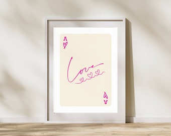 Hot Pink Ace Love Card Digital Print | Ace of Hearts | Playing Card Art | Trendy Wall Decor | Digital Download