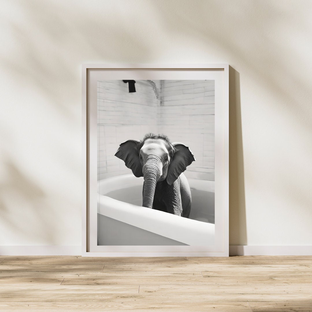 Elephant in a Bathtub Digital Print | Funny Wall Decor | Black and ...