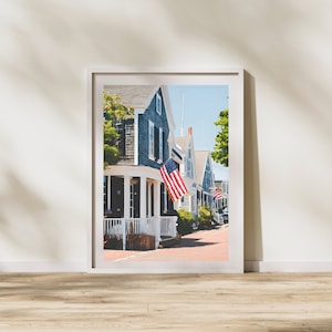 May include: A row of blue houses with white trim and porches, lined with American flags, on a sunny street.