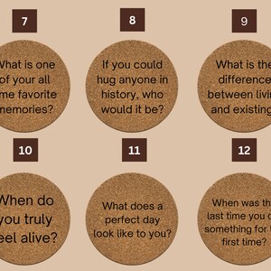May include: Twelve brown cork coasters with numbers 7 through 12 printed on them. Each coaster has a different question printed on it in black text.