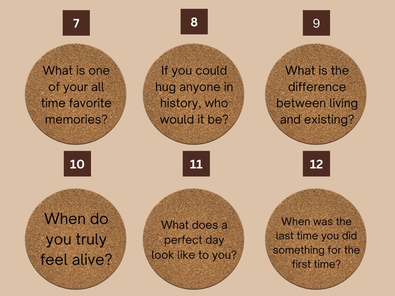 May include: Twelve brown cork coasters with numbers 7 through 12 printed on them. Each coaster has a different question printed on it in black text.