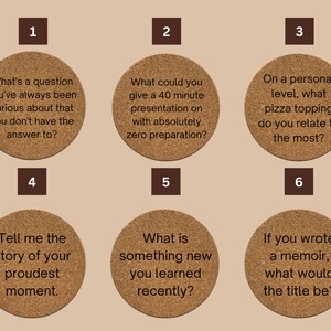 May include: Six brown cork coasters with white text on each. The coasters feature questions to spark conversation. The questions are: "What's a question you've always been curious about that you don't have the answer to?", "What could you give a 40 minute presentation on with absolutely zero preparation?", "On a personal level, what pizza topping do you relate to the most?", "Tell me the story of your proudest moment.", "What is something new you learned recently?", "If you wrote a memoir, what would the title be?"