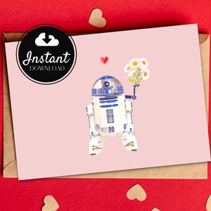 Tarjeta imprimible para el Día del Padre, el Día de la Madre, San Valentín y aniversario / Lindas flores de Star Wars R2D2 / Descarga instantánea / Archivo digital - Rosa