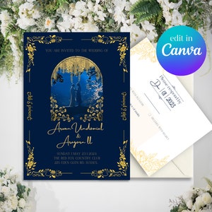 Tolkien inspirierte Hochzeitseinladung LOTR Sapphire und Gold | Einladung und RSPV 2er Pack | Canva Vorlage | Digitale Datei