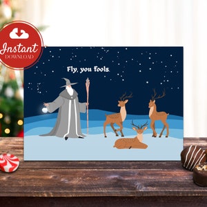 Druckbare Weihnachtskarte | Tolkien inspiriert Gandalf und das Rentier | Digitaler Download