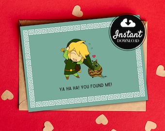 Printable Valentines Anniversary Card | Original Art Drawing | Cute Video Game Zelda Link Korok | Instant Download | Digital File - Green
