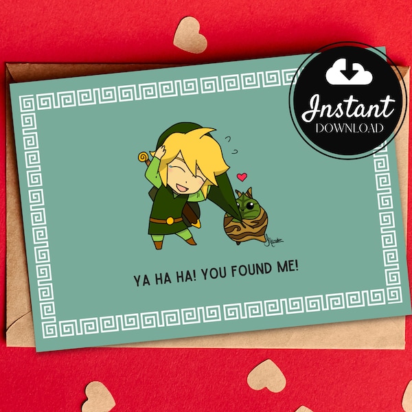 Tarjeta de aniversario de San Valentín imprimible / Dibujo de arte original / Lindo videojuego Zelda Link Korok / Descarga instantánea / Archivo digital - Verde