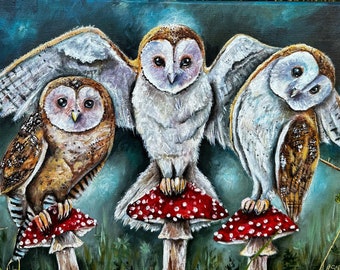 Peinture originale sur toile Chouette effraie des cloches, art mural hibou, forêt enchantée, cadeau pour amateur de chouette, art fantaisiste, animaux de la forêt