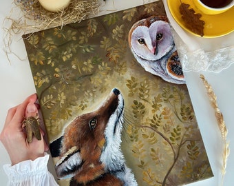 MADE-TO-ORDER Fox and Barn Owl original canvas painting Made-to-Order, Whimsical art, Woodland animals, Fox wall art, Enchanted forest