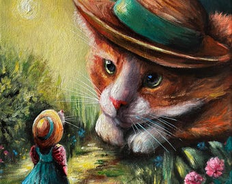 Cuadro original sobre lienzo Gato rojo y ratón, cuadro de gato naranja, arte mural de ratón, arte de hadas caprichosas, animales lindos, gatito y ratón divertidos