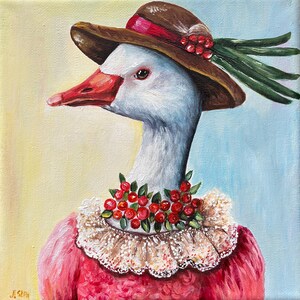 Original canvas painting Goose in hat, Vintage Style Animal Wall Art, Whimsical art, Woodland animal, Bird wall art, Goose portrait, Forest