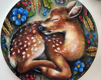 Deer Original round canvas painting, Sleeping fawn wall art, Whimsical forest art, Stag painting, Woodland animals, Nursery room decor deer