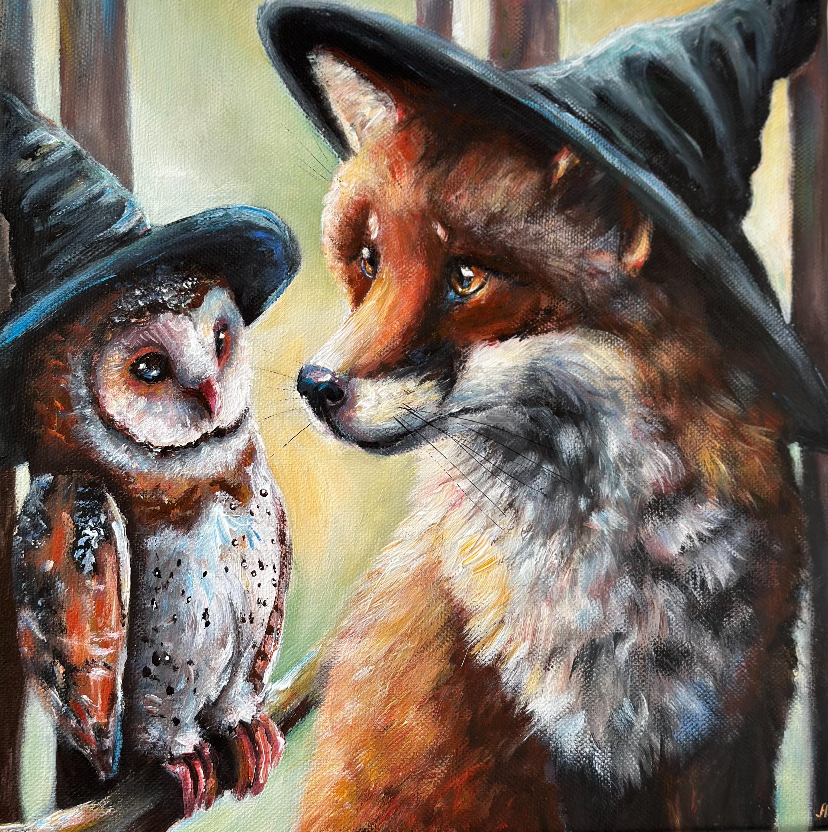 Original canvas painting Witchy Fox and Barn Owl, Fox wall art, Barn owl painting, Whitchy art, Wild