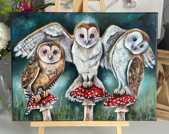 Original Gemälde Schleiereule, Schleiereule Eule, Zauberwald, Eulen Liebhaber Geschenk, Waldtiere, Eulen Liebhaber Geschenk