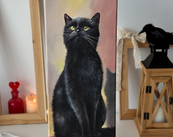 黒猫の絵画、猫アート、猫好きへのギフト、黒の抽象画、キャンバスに