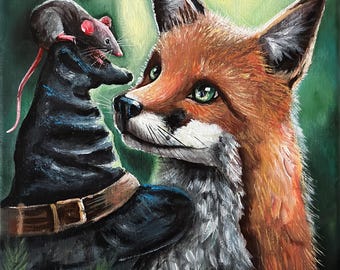 キツネとウサギのオリジナル絵画、野生動物アート、キャンバス画