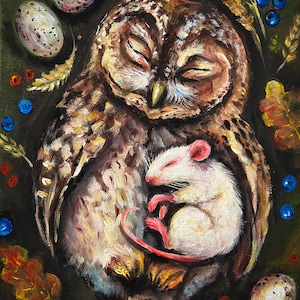 Owl and mouse original canvas painting, Owl wall art, Owl gift, Enchanted forest, Owl nursery room art, Wildlife painting, Whimsical art