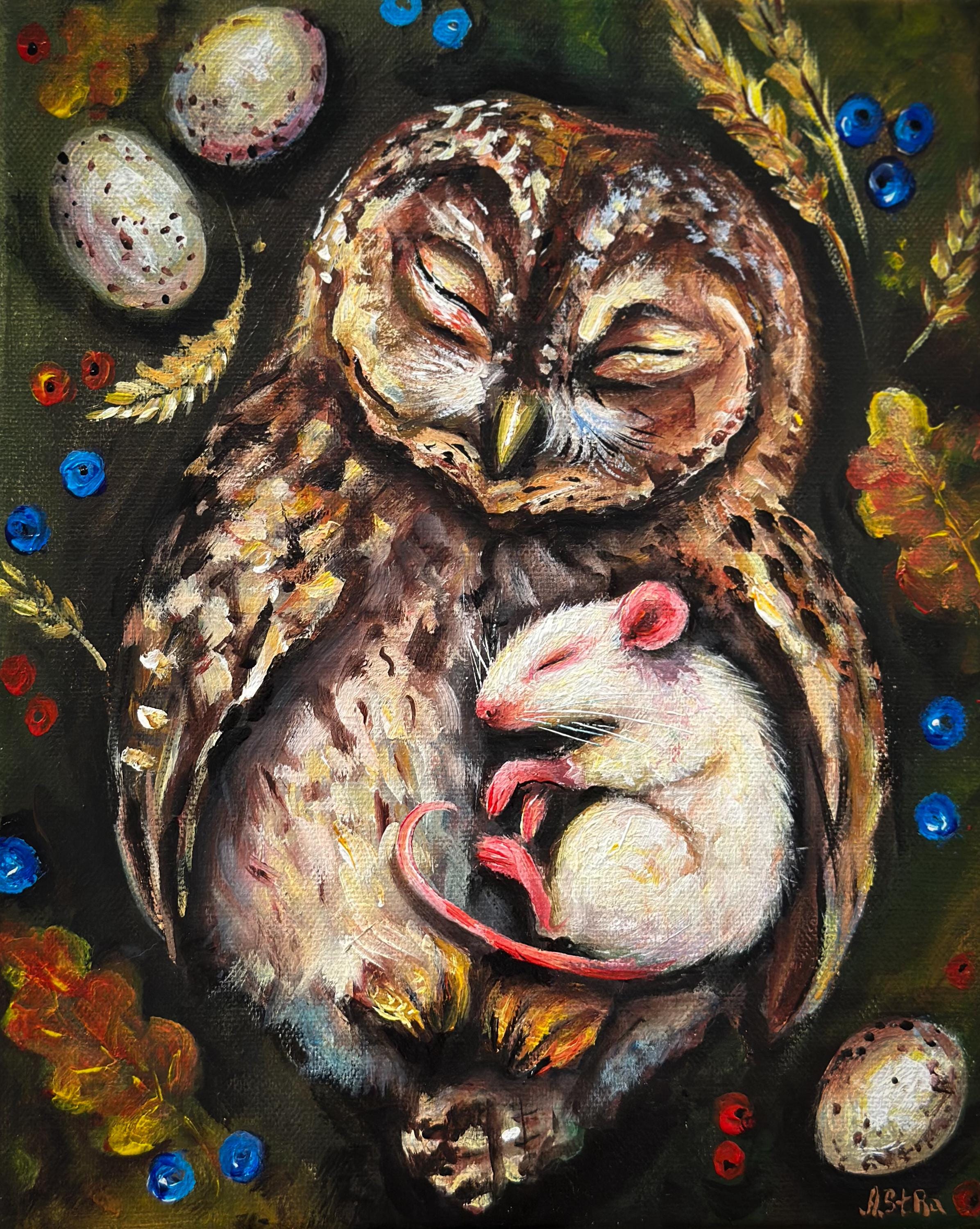 Owl and mouse original canvas painting, Owl wall art, Owl gift, Enchanted forest, Owl nursery room a