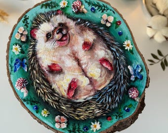 Hedgehog Hand-painted wooden table, Hedgehog Painting on wood, Wood slice art Hedgehog wooden decor, Woodland animal Decorative coffee table