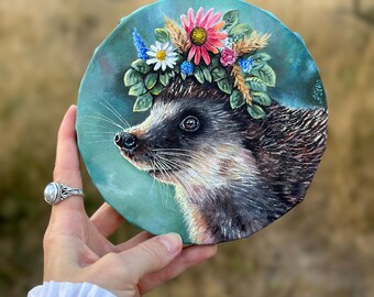 Hedgehog with wreath original painting, Round wall decor, Whimsical art, Hedgehog wall decor, Wildlife painting, Forest art, Woodland animal