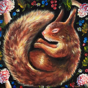 Original canvas painting Sleeping Squirrel, Squirrel wall art, Squirrel wall decor, Woodland animals, Fairy art, Whimsical art, Cute animals