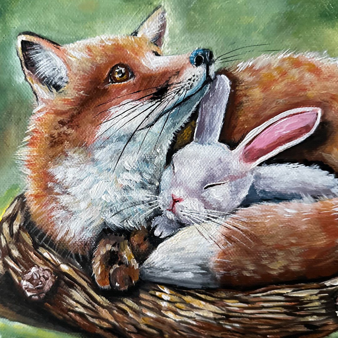 Fox Rabbit Art Fox and Rabbit Original Painting, Wildlife Art, Canvas Painting, Fox ...