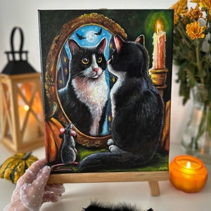 Tuxedo cat original canvas painting, Tuxedo cat portrait, Whimsical art, Halloween Decor, Cat and mouse, Gothic Home Decor, Pet Lovers Gift