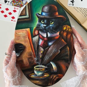 Original canvas painting Black Cat reading newspapers, Black Cat Victorian Portrait, Renaissance Cat Portrait, Vintage Animal Oval Art