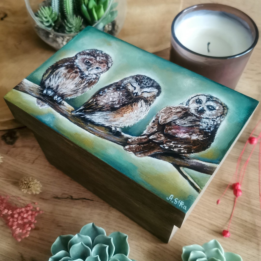 Hand-painted Wooden Box Owl, Storage Wooden Box, Owl Painting, Wooden ...