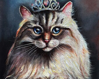 ジクレー版画とキャンバス、「猫の女王」、猫のアート（説明をお読み
