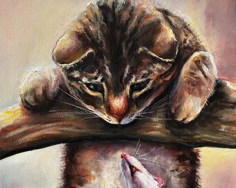 Gato atigrado y ratón, pintura original en lienzo, pintura de gato marrón, animales lindos, regalo para amantes de los gatos, decoración de la habitación de la guardería del gato, gatito y ratón