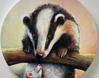 Badger and mouse original canvas painting, Enchanted forest, Badger wall art, Whimsical art, Woodland animals, Forest nursery room decor